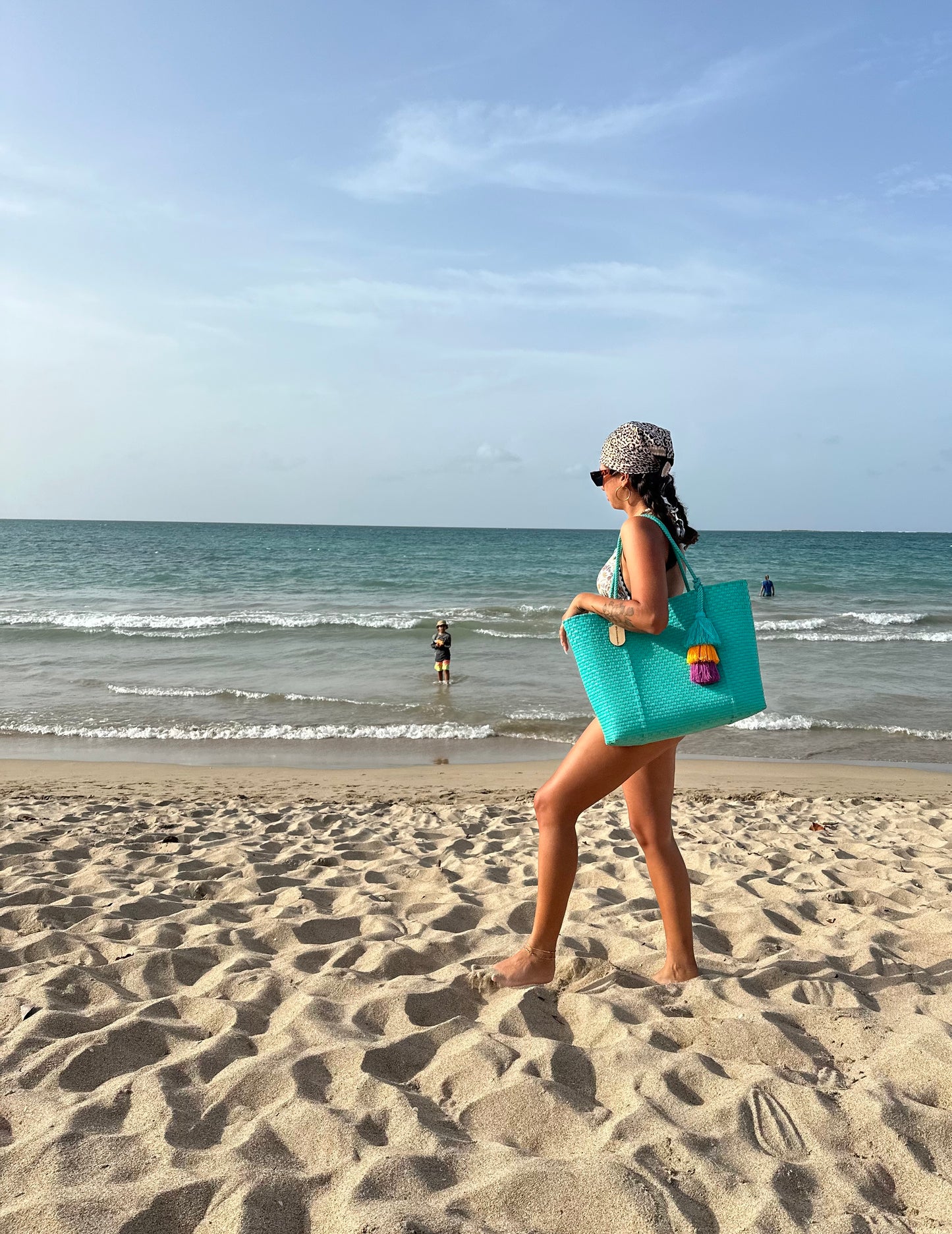 Large Tote Aqua Handwoven Bag